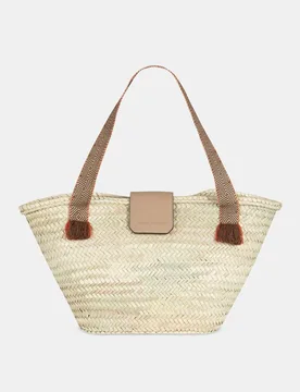 Capazo con asas largas Sandra Fleckled en palma y piel lisa - Sandra Freckled - FashionsVida