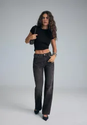 D92 Jeans im Straight-Wide-Fit mit Destroyed-Details SCHWARZER DENIM-WASHED-LOOK 38