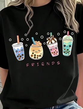 Pieza Camiseta de manga corta con estampado de té de burbujas lindo para niñas, cómoda y transpirable, uso casual diario para el verano 4Y - Shein - FashionsVida