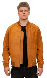 Mens Retro Goat Suede Varsity Bomber Jacket-Athens - Tan - Size Large