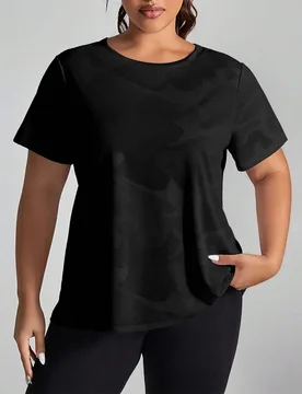 Camiseta de actividad física de manga corta con cuello redondo y estampado de camuflaje para mujer de talla grande 2XL - Shein - FashionsVida