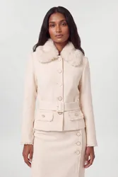 Women's Texture Tweed Detachable Faux Fur Collar Tailored Jacket in Ivory Size: 6 - Ivory - Size: 6