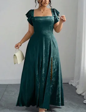 Vestido largo con cuello cuadrado, mangas con volantes y bajo con abertura para mujer talla grande, de tela jacquard brillante verde, versátil para i - Shein - FashionsVida