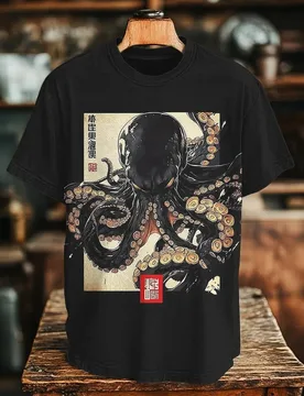 Men's Dark Octopus Japanese Art Print T-Shirt 100% Polyester Retro Printing Tops Casual Loose BIG Painting Oversized Tunics Tees - Aliexpress - FashionsVida