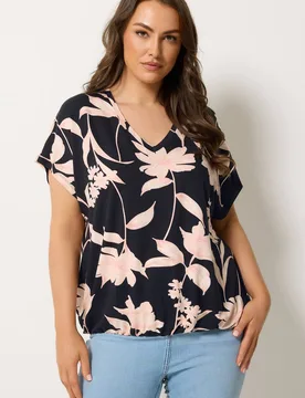 Women's Floral Grown-On Sleeve T-Shirt in Black Size: 26-28 - Black - Size: 26-28 - Yours - FashionsVida