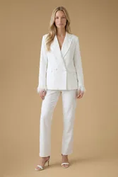 Women's Hen Embellished Feather Trim Trouser in Ivory Size: 16 - Ivory - Size: 16