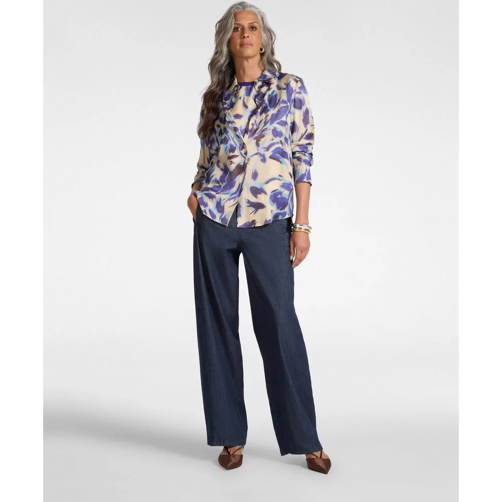 Jeans de mujer regular en chambray "rose" ajuste recto con cierre de banda elástica en la cintura - Elena Miró - FashionsVida