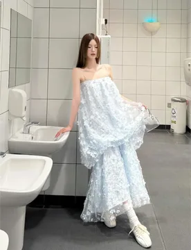 A long blue flower-patterned halter dress for daily wear suitable birthday party toasting - Aliexpress - FashionsVida