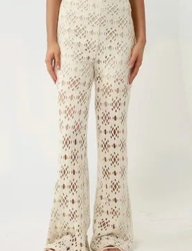 Womens Cut Out Detailed Wide Leg Pants Pika Collection - Cream - Hiccup - FashionsVida