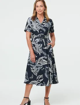 Women's Leaf Print Short Sleeve Midi Shirt Dress in Navy Size: 10 - Navy - Size: 10 - Izabel London - FashionsVida