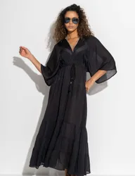 Tassel Trim Tiered Maxi Kaftan Black female