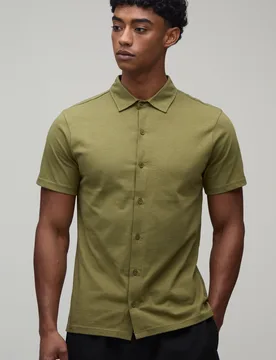 Mens Slim Fit Jersey Short Sleeve Revere Shirt - Khaki Cotton - Size X-Small - boohooMAN - FashionsVida