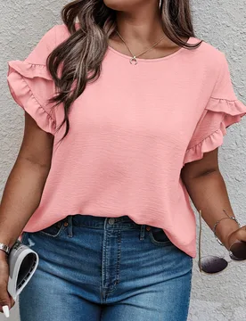 Blusa de cuello redondo con mangas con volantes y textura para vacaciones, talla grande para mujer 0XL - Shein - FashionsVida