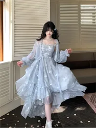 Sweet and vacation-style irregular layering floral halter dress
