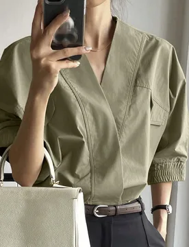 Camisa casual de mujer con cuello en V, abertura asimétrica, diseño sencillo y manga media, camisa casual de negocios, top estilo universitario M - Shein - FashionsVida