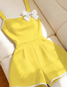 Mono de verano elegante y lindo con decoración de lazo romántico para mujer, blanco y amarillo, para brunch y vacaciones L - Shein - FashionsVida