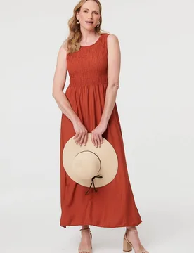 Women's Shirred Sleeveless A-Line Maxi Dress in Terracotta Size: Small - Terracotta - Size: S - Izabel London - FashionsVida