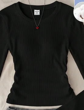 Camiseta de punto de manga larga negra para adolescentes, unicolor, adecuada para uso casual en otoño e invierno 16Y - Shein - FashionsVida
