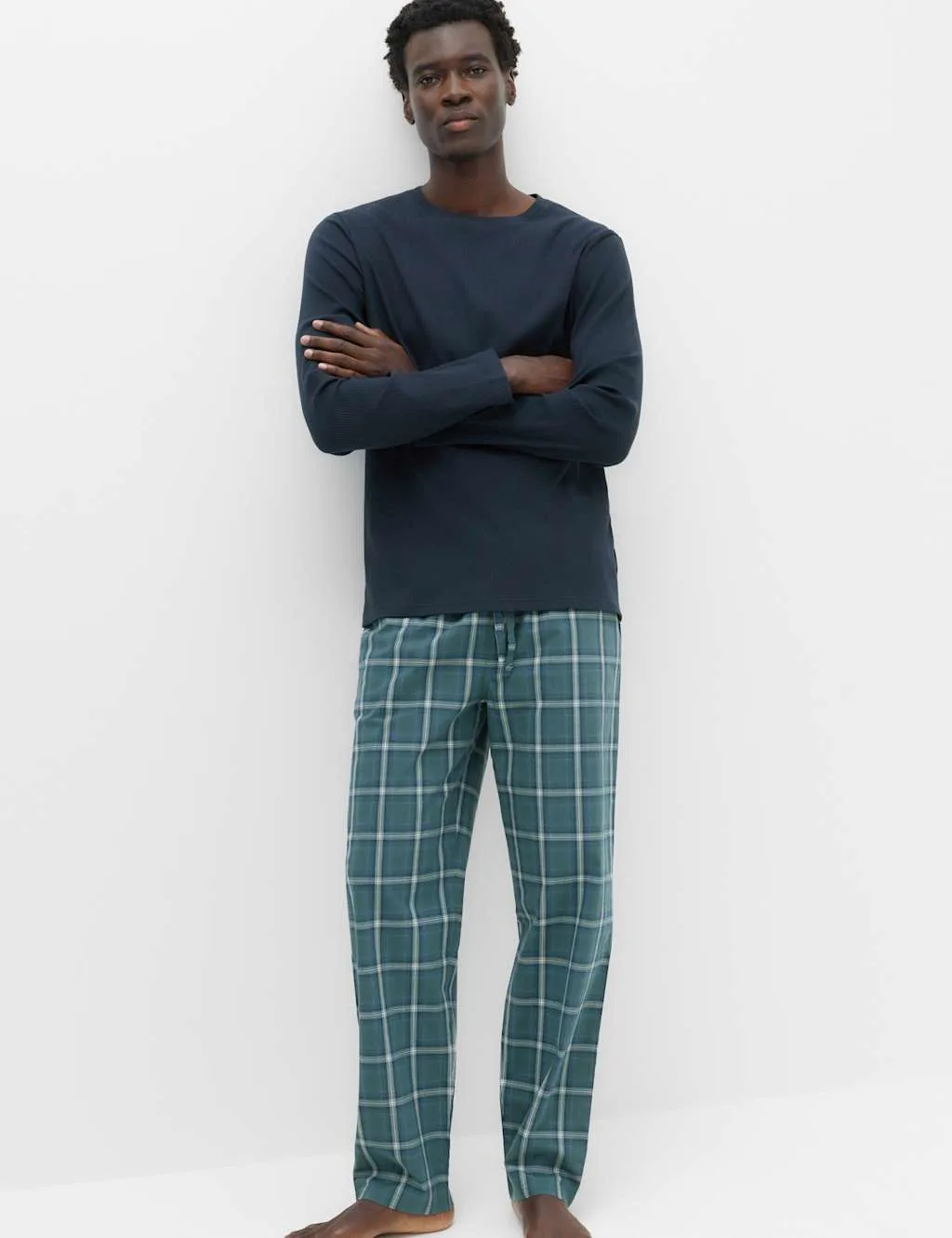 Pure Cotton Checked Pyjama Set Green Mix male - M&S - FashionsVida