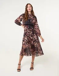 High Neck Metallic Pleated Dress - S / BLACK/BROWN - female