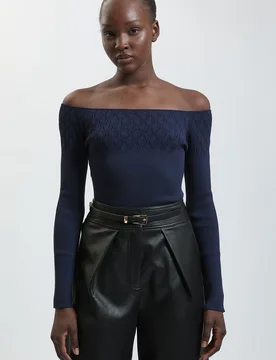 Womens Pointelle Knit Panelled Bardot Top - Navy - Karen millen - FashionsVida