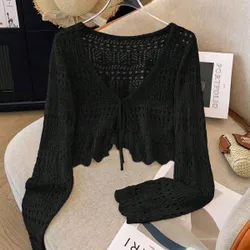 Nuevo cárdigan ligero de unicolor con encaje de ganchillo hueco, prenda exterior versátil para mujeres M