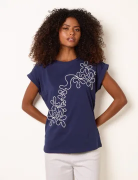 T-Shirt With Floral Embroidery - M/L / NAVY/IVORY - female - Blue Vanilla - FashionsVida