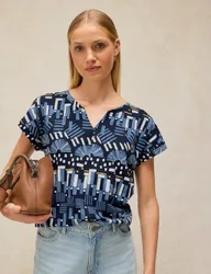 Pure Cotton Printed Notch Neck T-Shirt Blue Mix female