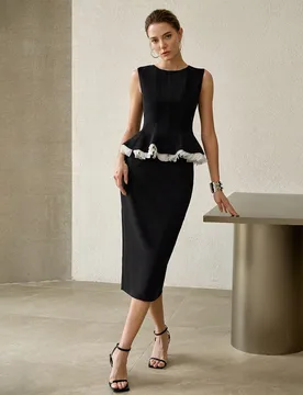 CONJUNTO DE 2 PIEZAS DE TOP SIN MANGAS CON VOLANTE Y FALDA DE PATCHWORK MINIMALISTA DE MODA PARA MUJER XS - Shein - FashionsVida