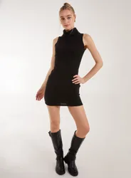 Womens Brushed Sleeveless Polo Neck Mini Dress - Black - Size 14 Uk