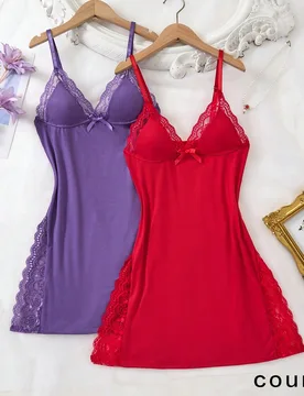 Piezas Camisón con abertura lateral romántica, decorado con parches de encaje y moños - Shein - FashionsVida