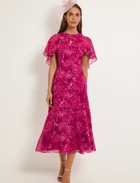 Women's Abstract Cape Sleeve Midi Dress in Pink Size: 10 - Pink - Size: 10 - Wallis - FashionsVida