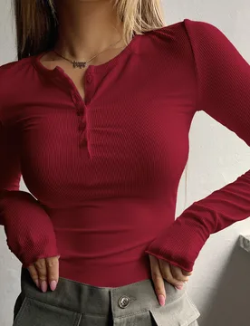 Camiseta de manga larga de punto acanalado de unicolor, ropa de otoño con estilo preppy, blusas de manga larga para mujer XL - Shein - FashionsVida