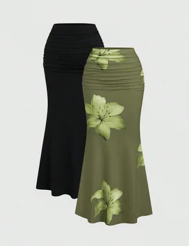 Set de 2 faldas para mujer: una falda deunicoloro elegante tipo sirena y una falda con estampado floral XS - Shein - FashionsVida