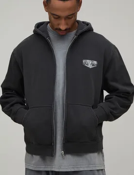 Mens Oversized Boxy Moto Washed Zip Through Hoodie - Black Cotton - Size Medium - boohooMAN - FashionsVida