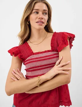 Pure Cotton Smocked Frill Shoulder Top Red female - Accessorize - FashionsVida