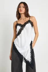 Womens Satin Lace Contrast Longline Cami - White - Size 10 Uk