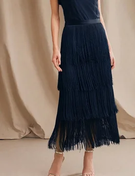 Falda elegante de media longitud con capas y flecos azul marino para mujer, nueva primavera/verano, estiliza la figura, elegante, formal, fiesta, chic - Shein - FashionsVida