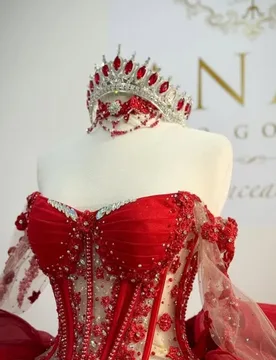 Customized Red Quinceanera Dresses Off the Shoulder Sequin decal crystal Lace layering Long tail Vestido De 15 Quinceanera - Aliexpress - FashionsVida