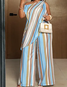 Conjunto de 2 piezas elegante de rayas azul claro para mujer talla grande, blusa de un hombro con dobladillo asimétrico y pantalones rectos de cintur - Shein - FashionsVida