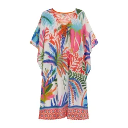 Vestido de playa de mujer corto con flecos y estampado combinado