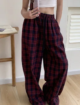Pantalones de estar en casa casuales y cómodos para mujer con diseño a cuadros y bloques de color azul S - Shein - FashionsVida