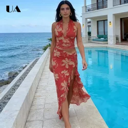 Sexy Sheath Backless Ruffled High-slit Printed Maxi Dress Vacation Style Halterneck Sleeveless Long Dress Causal Lace-up Dress