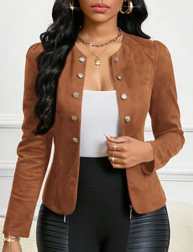 Chaqueta abierta con detalles de botones de ante negro para otoño/invierno S - Shein - FashionsVida