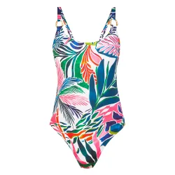 Bañador de mujer con anilla logo dorada en tirantes, espalda escotada y estampado tropical