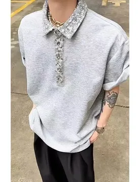 Vintage Heavy Industry Sequin Splicing Short Sleeve Polo Shirt Summer Premium Short Sleeve - Aliexpress - FashionsVida