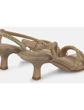 Sandalias de tacón de mujer en piel con tiras tubulares metalizadas y cierre de hebilla - Alma en Pena - FashionsVida