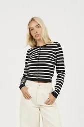 Stripe Crew Neck Womens Cardigan Gold Buttons - - Size: S