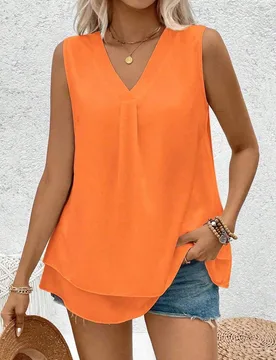 Blusa sin mangas de gasa de unicolor con cuello en V, elegante y casual para mujer de talla grande, verano 3XL - Shein - FashionsVida