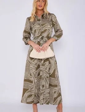 Women's Geometric Print Satin Maxi Shirt Dress in Green Size: 14 - Green - Size: 14 - LOVE SUNSHINE - FashionsVida